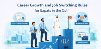 Career Growth and Job Switching in the Gulf: Expat Guide 2025–2026 Expat professionals planning career growth and job transitions in Gulf countries.