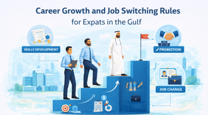 Career Growth and Job Switching in the Gulf: Expat Guide 2025–2026 Expat professionals planning career growth and job transitions in Gulf countries.