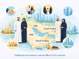 Culture in the Gulf showing traditional dress, hospitality, and modern city life