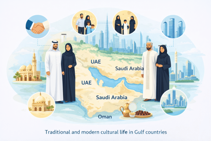 Culture in the Gulf showing traditional dress, hospitality, and modern city life