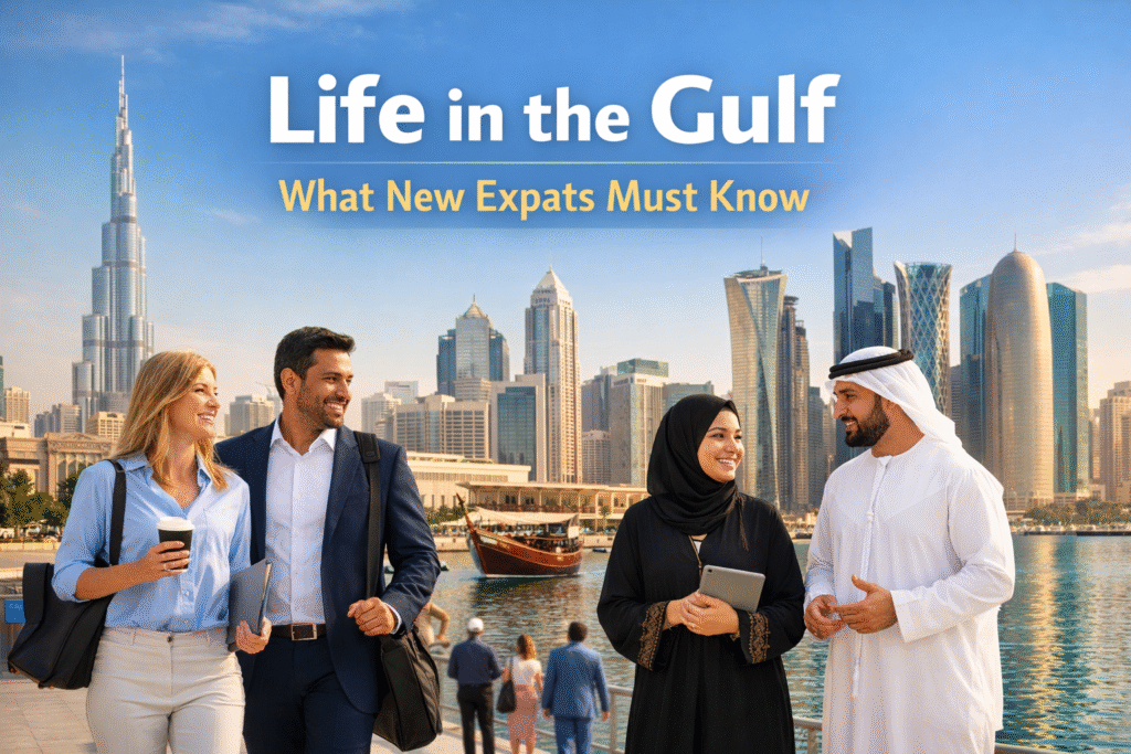 Life in the Gulf for new expats: Diverse group enjoying Dubai skyline and waterfront lifestyle in UAE with Burj Khalifa
