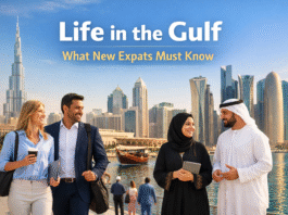 Life in the Gulf for new expats: Diverse group enjoying Dubai skyline and waterfront lifestyle in UAE with Burj Khalifa