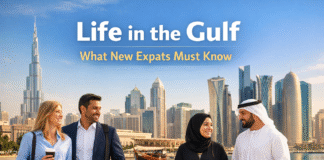 Life in the Gulf: What New Expats Must Know Before Moving (2026 Guide) Life in the Gulf for new expats: Diverse group enjoying Dubai skyline and waterfront lifestyle in UAE with Burj Khalifa