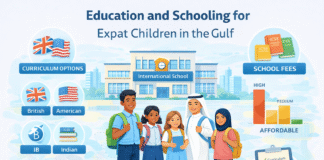 Education and Schooling for Expat Children in the Gulf: Complete Guide 2025–2026 Modern international school classroom with multicultural expat children learning together in the Gulf