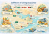How Much Does It Really Cost to Live in the Gulf? Gulf cost of living 2025–2026 explained: Rent, salary, food, transport, and daily expenses comparison map for expats in UAE, Saudi Arabia, Qatar, Oman, Kuwait, and Bahrain