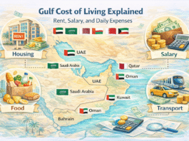 Gulf cost of living 2025–2026 explained: Rent, salary, food, transport, and daily expenses comparison map for expats in UAE, Saudi Arabia, Qatar, Oman, Kuwait, and Bahrain