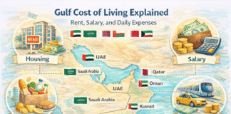 How Much Does It Really Cost to Live in the Gulf? Gulf cost of living 2025–2026 explained: Rent, salary, food, transport, and daily expenses comparison map for expats in UAE, Saudi Arabia, Qatar, Oman, Kuwait, and Bahrain