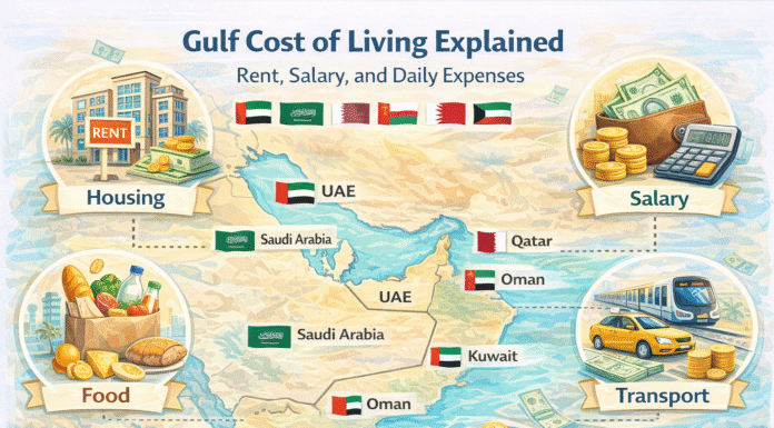 How Much Does It Really Cost to Live in the Gulf? Gulf cost of living 2025–2026 explained: Rent, salary, food, transport, and daily expenses comparison map for expats in UAE, Saudi Arabia, Qatar, Oman, Kuwait, and Bahrain