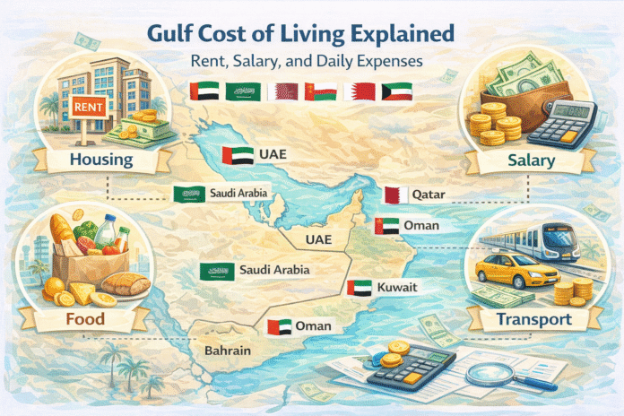 Gulf cost of living 2025–2026 explained: Rent, salary, food, transport, and daily expenses comparison map for expats in UAE, Saudi Arabia, Qatar, Oman, Kuwait, and Bahrain