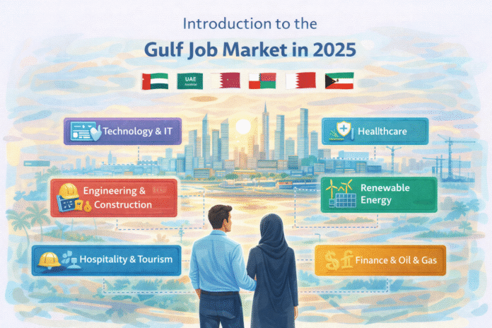 Gulf job market 2025 infographic: In-demand sectors like technology, healthcare, engineering, renewable energy, hospitality, finance, and oil & gas for expats in UAE, Saudi Arabia, Qatar, Oman, Kuwait, and Bahrain