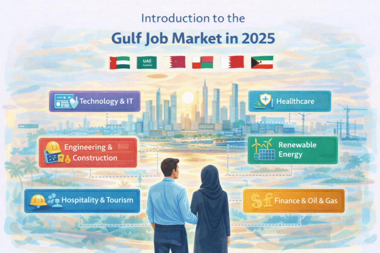 Gulf job market 2025 infographic: In-demand sectors like technology, healthcare, engineering, renewable energy, hospitality, finance, and oil & gas for expats in UAE, Saudi Arabia, Qatar, Oman, Kuwait, and Bahrain
