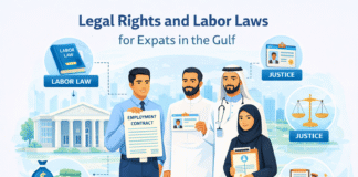 Legal Rights and Labor Laws for Expats in the Gulf: A Complete Guide Illustration showing expat workers learning about legal rights and labor laws in Gulf countries.