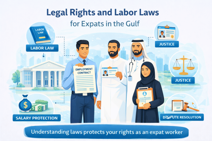 Illustration showing expat workers learning about legal rights and labor laws in Gulf countries.