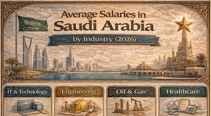 Average Salaries in Saudi Arabia by Industry (2026 Guide) Average salaries in Saudi Arabia by industry showing monthly pay ranges in 2026