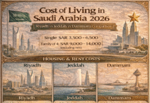 Cost of Living in Saudi Arabia (2026): Riyadh, Jeddah & Dammam Compared Cost of living in Saudi Arabia infographic comparing Riyadh, Jeddah, and Dammam in 2026