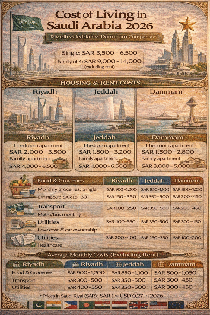 Cost of living in Saudi Arabia infographic comparing Riyadh, Jeddah, and Dammam in 2026