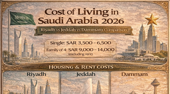 Cost of Living in Saudi Arabia (2026): Riyadh, Jeddah & Dammam Compared Cost of living in Saudi Arabia infographic comparing Riyadh, Jeddah, and Dammam in 2026
