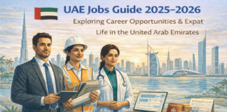 UAE Jobs Guide 2025–2026: Complete Expat Career Roadmap UAE jobs guide showing Dubai skyline, professionals, and career opportunities