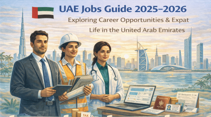 UAE Jobs Guide 2025–2026: Complete Expat Career Roadmap UAE jobs guide showing Dubai skyline, professionals, and career opportunities