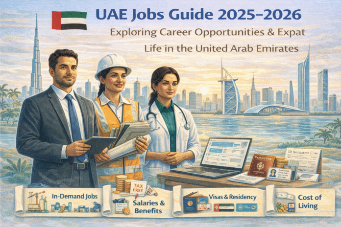 UAE jobs guide showing Dubai skyline, professionals, and career opportunities