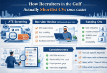 How Recruiters in the Gulf Actually Shortlist CVs (2026 Insider Guide) Infographic showing how recruiters in GCC countries shortlist CVs using ATS and manual screening