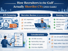 Infographic showing how recruiters in GCC countries shortlist CVs using ATS and manual screening