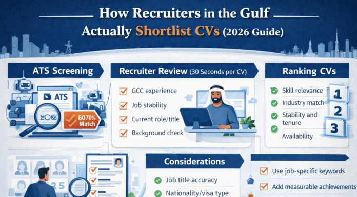 How Recruiters in the Gulf Actually Shortlist CVs (2026 Insider Guide) Infographic showing how recruiters in GCC countries shortlist CVs using ATS and manual screening