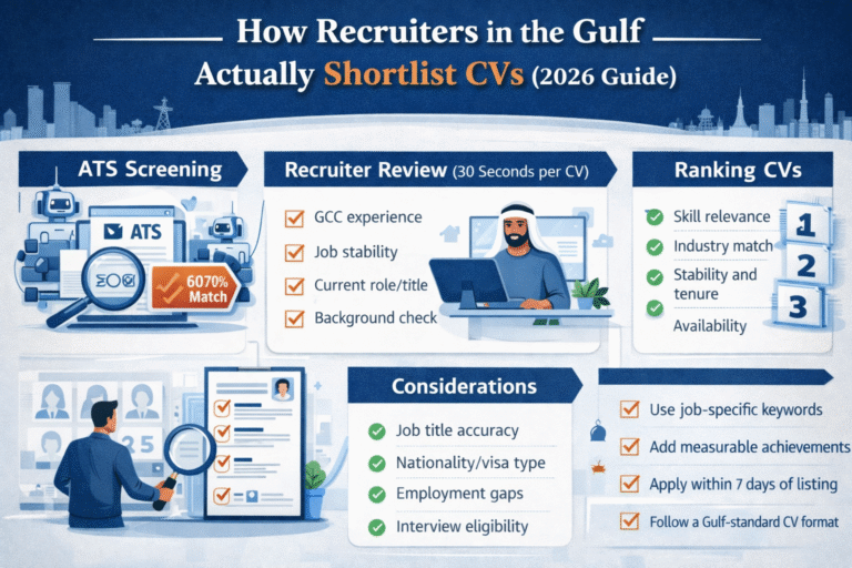 Infographic showing how recruiters in GCC countries shortlist CVs using ATS and manual screening