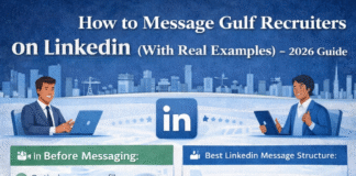 How to Message Gulf Recruiters on LinkedIn – 2026 Guide Infographic showing how to message Gulf recruiters on LinkedIn with professional examples