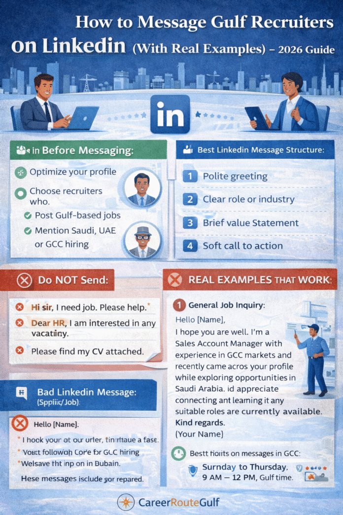 Infographic showing how to message Gulf recruiters on LinkedIn with professional examples