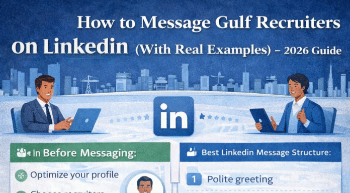 How to Message Gulf Recruiters on LinkedIn – 2026 Guide Infographic showing how to message Gulf recruiters on LinkedIn with professional examples