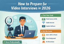 How to Prepare for Video Interviews in 2026 Preparing for a video interview in 2026 showing professional setup, camera, and confident candidate