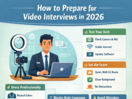 Preparing for a video interview in 2026 showing professional setup, camera, and confident candidate