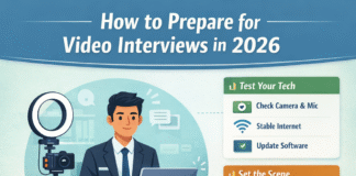 How to Prepare for Video Interviews in 2026 Preparing for a video interview in 2026 showing professional setup, camera, and confident candidate
