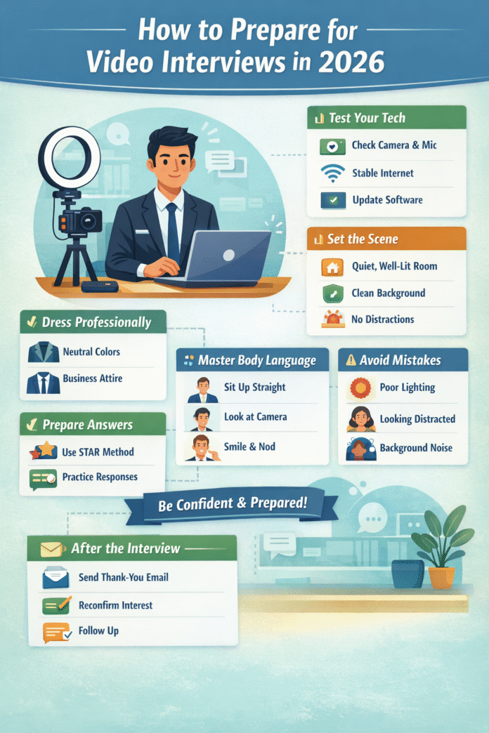 Preparing for a video interview in 2026 showing professional setup, camera, and confident candidate