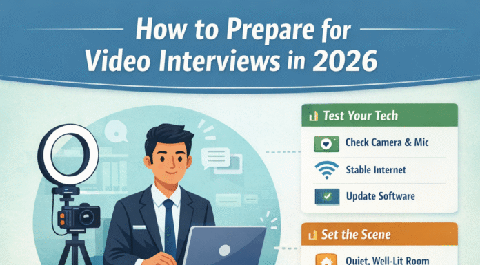 How to Prepare for Video Interviews in 2026 Preparing for a video interview in 2026 showing professional setup, camera, and confident candidate