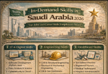 In-Demand Skills in Saudi Arabia (2026): What Employers Are Looking For Infographic showing in-demand skills in Saudi Arabia for 2026 including IT, engineering, healthcare, finance, leadership, and digital marketing