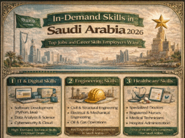 In-Demand Skills in Saudi Arabia (2026): What Employers Are Looking For Infographic showing in-demand skills in Saudi Arabia for 2026 including IT, engineering, healthcare, finance, leadership, and digital marketing