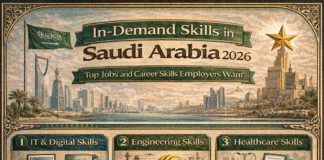In-Demand Skills in Saudi Arabia (2026): What Employers Are Looking For Infographic showing in-demand skills in Saudi Arabia for 2026 including IT, engineering, healthcare, finance, leadership, and digital marketing