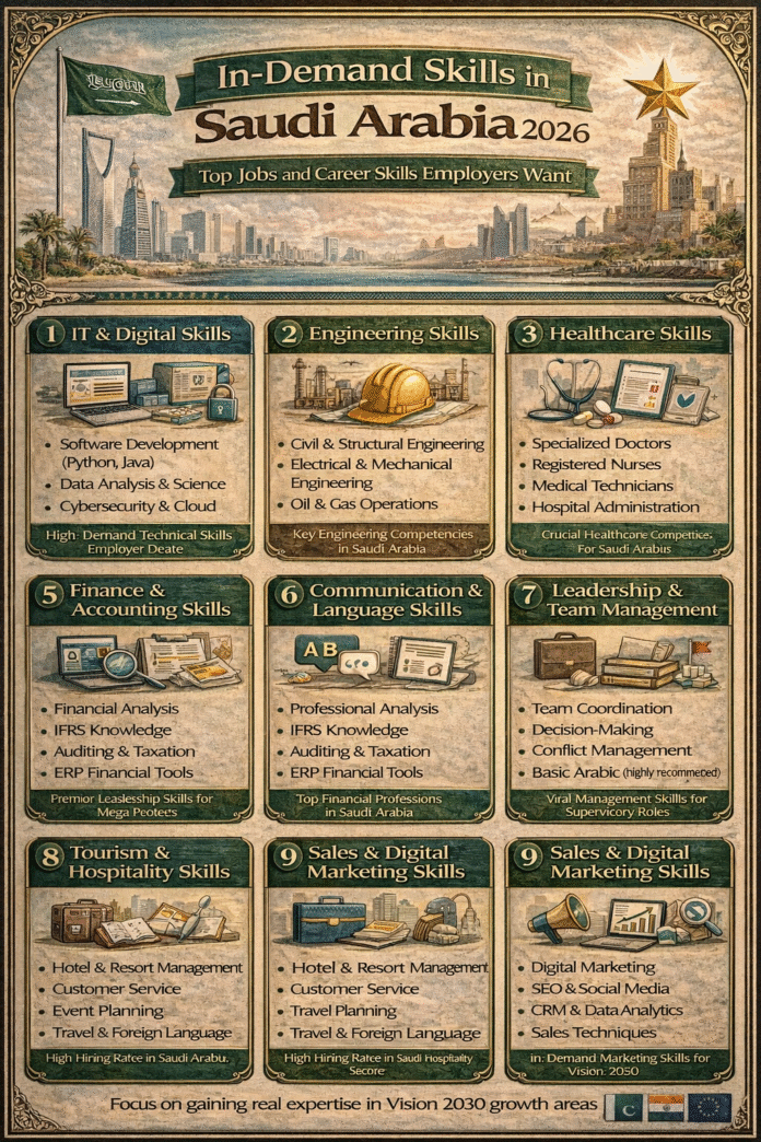Infographic showing in-demand skills in Saudi Arabia for 2026 including IT, engineering, healthcare, finance, leadership, and digital marketing