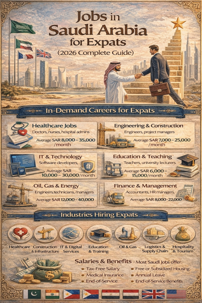 Jobs in Saudi Arabia for expats showing in-demand careers, salaries, and hiring sectors in 2026