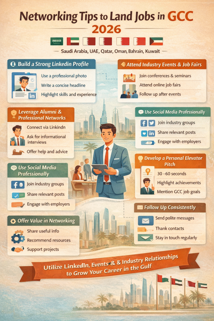 Professional networking tips for landing jobs in GCC countries including LinkedIn, events, and industry connections