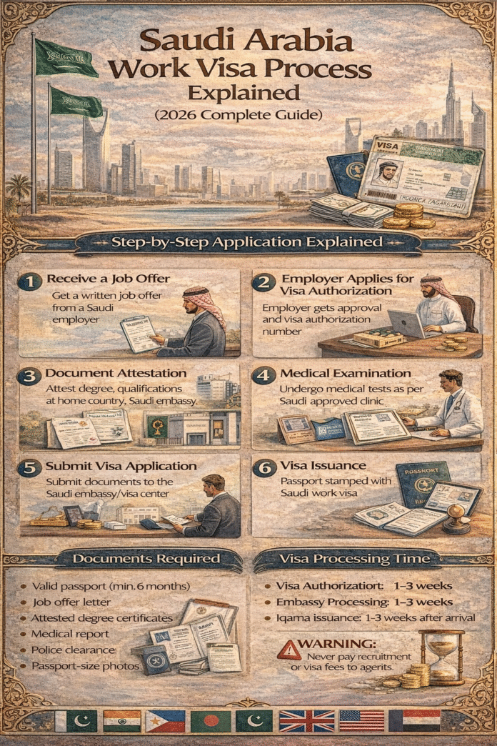 Saudi Arabia work visa process showing step-by-step application, required documents, and processing time in 2026