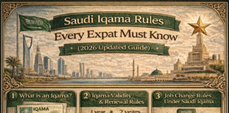 Saudi Iqama Rules Every Expat Must Know (2026 Updated Guide) Infographic detailing Saudi Iqama rules for expats, including validity, renewal, fines, job change, exit and re-entry, final exit, carrying Iqama, and dependents