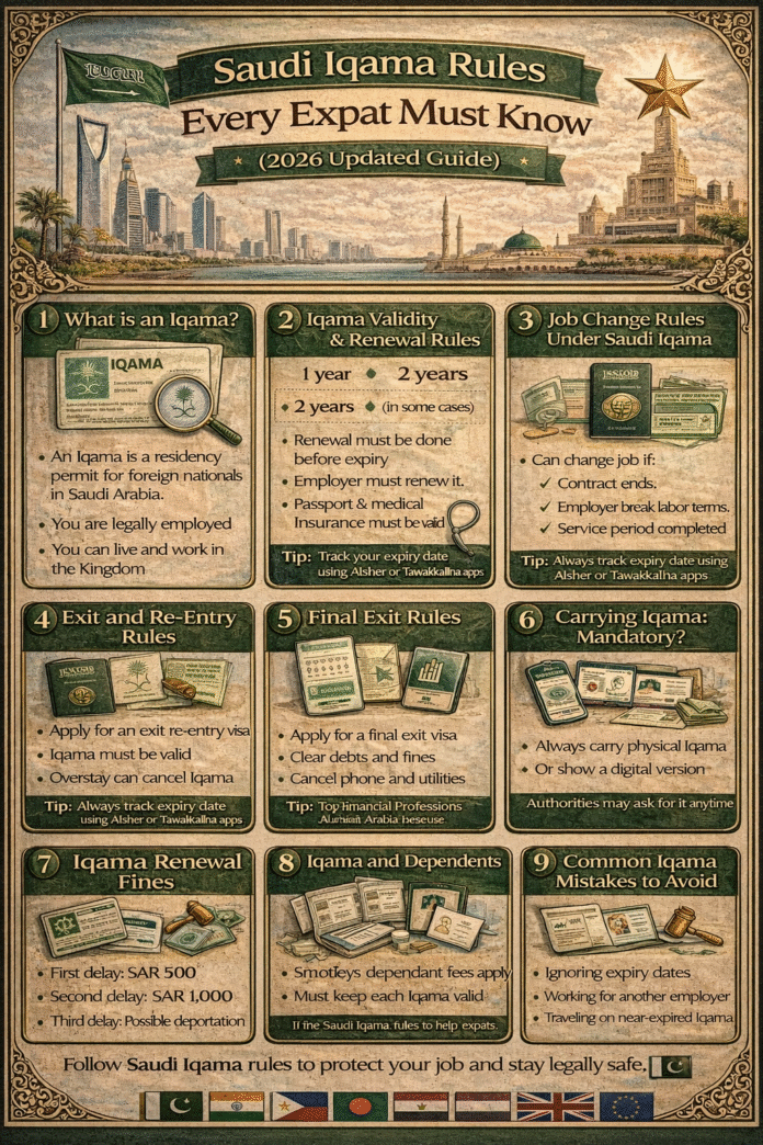 Infographic detailing Saudi Iqama rules for expats, including validity, renewal, fines, job change, exit and re-entry, final exit, carrying Iqama, and dependents