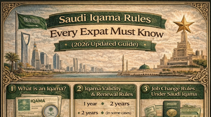 Saudi Iqama Rules Every Expat Must Know (2026 Updated Guide) Infographic detailing Saudi Iqama rules for expats, including validity, renewal, fines, job change, exit and re-entry, final exit, carrying Iqama, and dependents