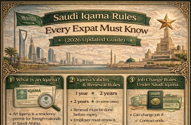 Infographic detailing Saudi Iqama rules for expats, including validity, renewal, fines, job change, exit and re-entry, final exit, carrying Iqama, and dependents