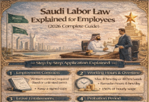 Saudi Labor Law Explained for Employees (2026 Complete Guide) Saudi labor law for employees showing worker rights, contracts, working hours, and benefits in 2026