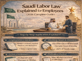 Saudi labor law for employees showing worker rights, contracts, working hours, and benefits in 2026