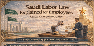 Saudi Labor Law Explained for Employees (2026 Complete Guide) Saudi labor law for employees showing worker rights, contracts, working hours, and benefits in 2026